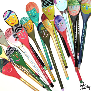 Sock It to Me Cool Girl Julz Nally personal art: colored spoons with positive messaging.