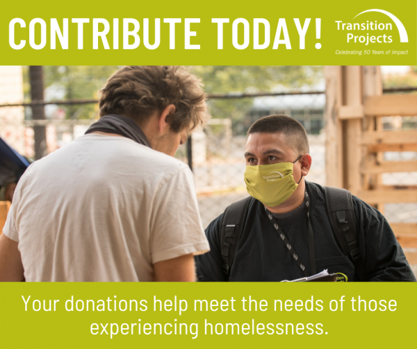 Man helping another man. Transition Projects contribution graphic.